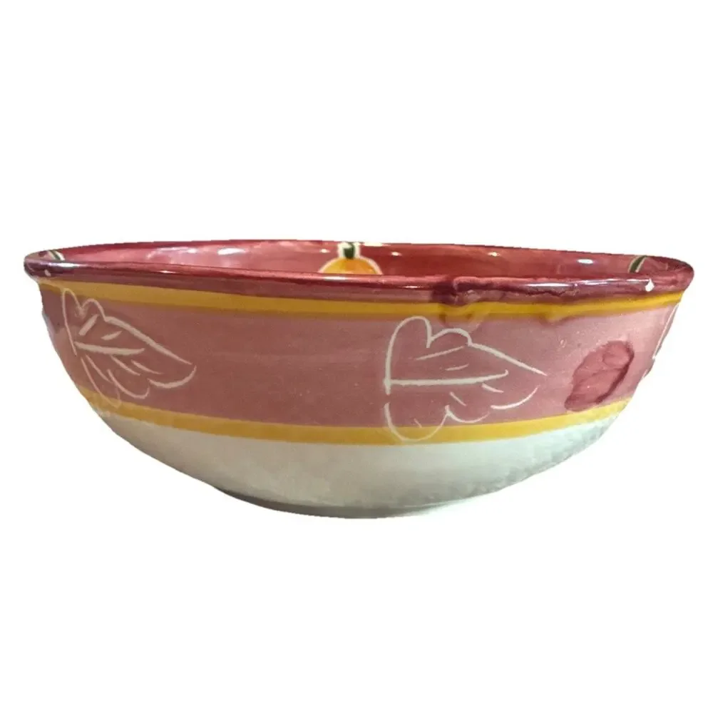 Vntg Pottery Barn Ceramic Round Serving Bowl Fruit Pattern Burgundy Yellow 8”